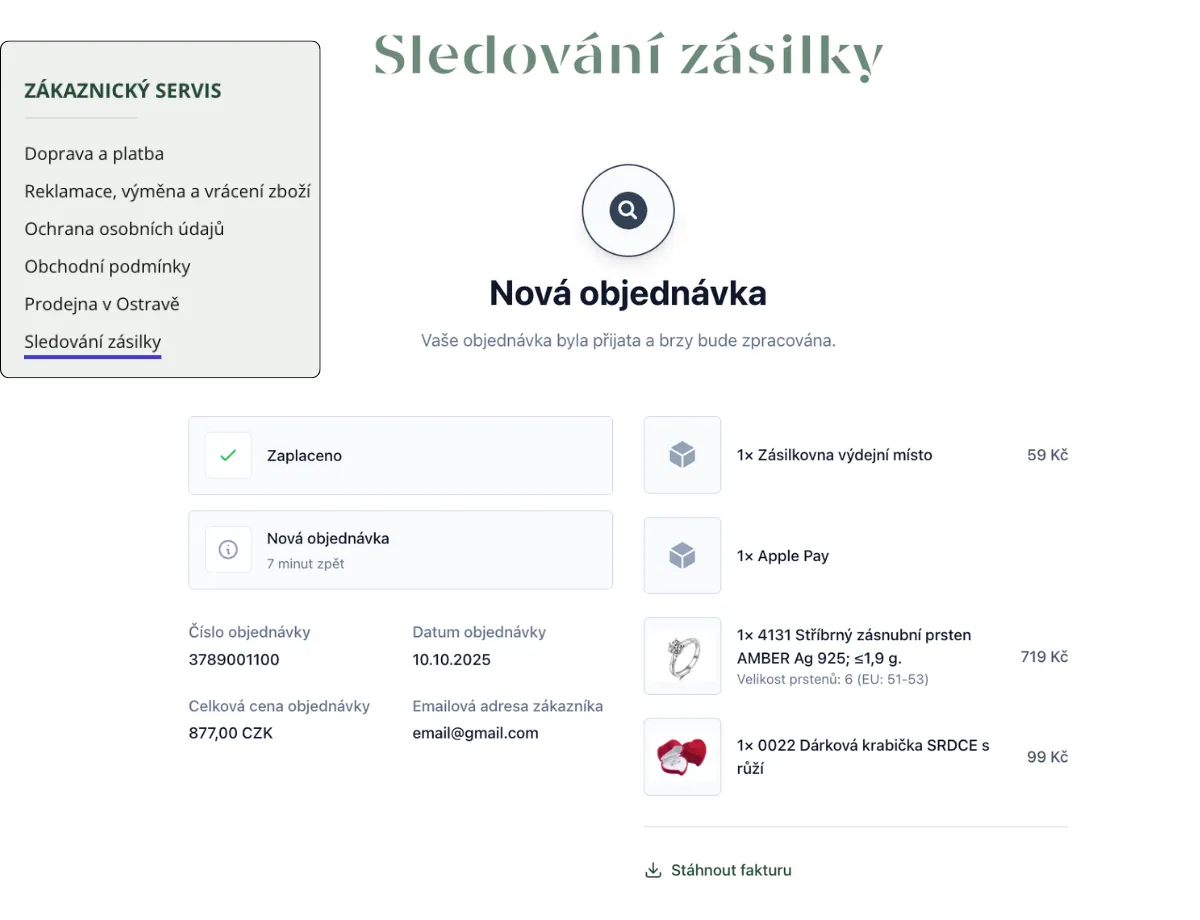 Example of the tracking page of the Olivie.cz e-shop, which has a link to order tracking in the online store footer.
