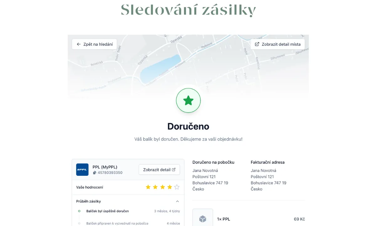 Služba Track & Trace na webu Olivie